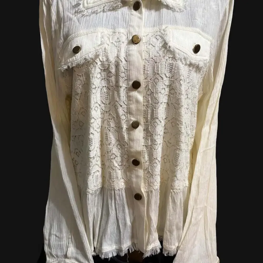 Baccini White Denim Western Jacket with Lace and Ruffle Detail